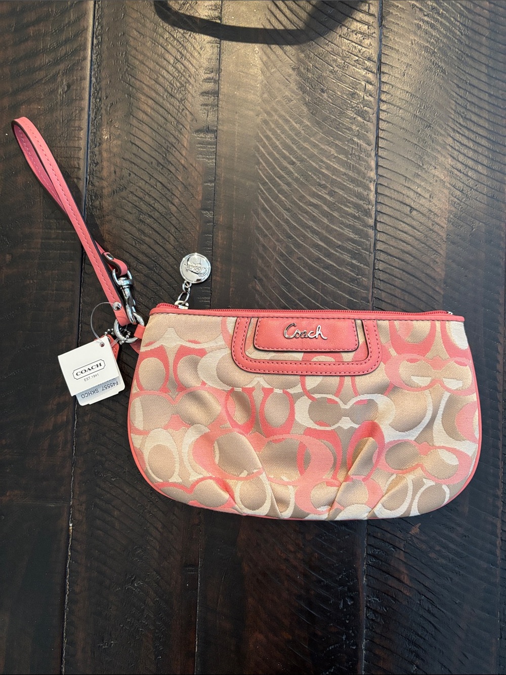 Coach Signature Wristlet in Coral Pink and Khaki